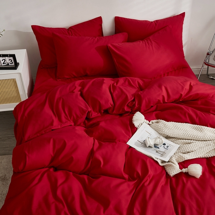 91家纺网 家纺一手货源 找家纺 啊雅家居 2025新款ins简约学生宿舍双拼纯色磨毛四件套可订制logo 红色