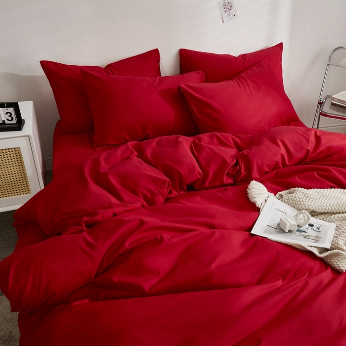 91家纺网 家纺一手货源 找家纺 啊雅家居 2025新款ins简约学生宿舍双拼纯色磨毛四件套可订制logo 红色