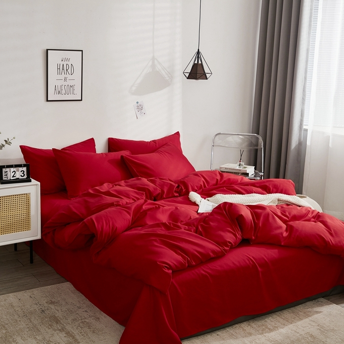 91家纺网 家纺一手货源 找家纺 啊雅家居 2025新款ins简约学生宿舍双拼纯色磨毛四件套可订制logo 红色