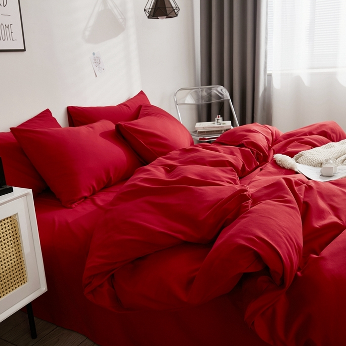 91家纺网 家纺一手货源 找家纺 啊雅家居 2025新款ins简约学生宿舍双拼纯色磨毛四件套可订制logo 红色