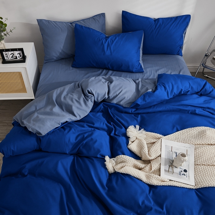 91家纺网 家纺一手货源 找家纺 啊雅家居 2025新款ins简约学生宿舍双拼纯色磨毛四件套可订制logo 克莱因蓝加浅蓝灰