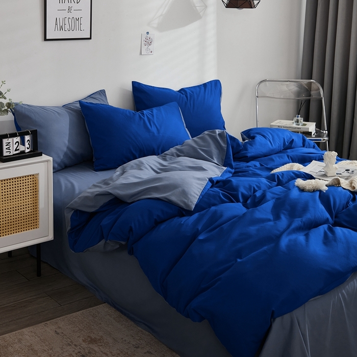 91家纺网 家纺一手货源 找家纺 啊雅家居 2025新款ins简约学生宿舍双拼纯色磨毛四件套可订制logo 克莱因蓝加浅蓝灰