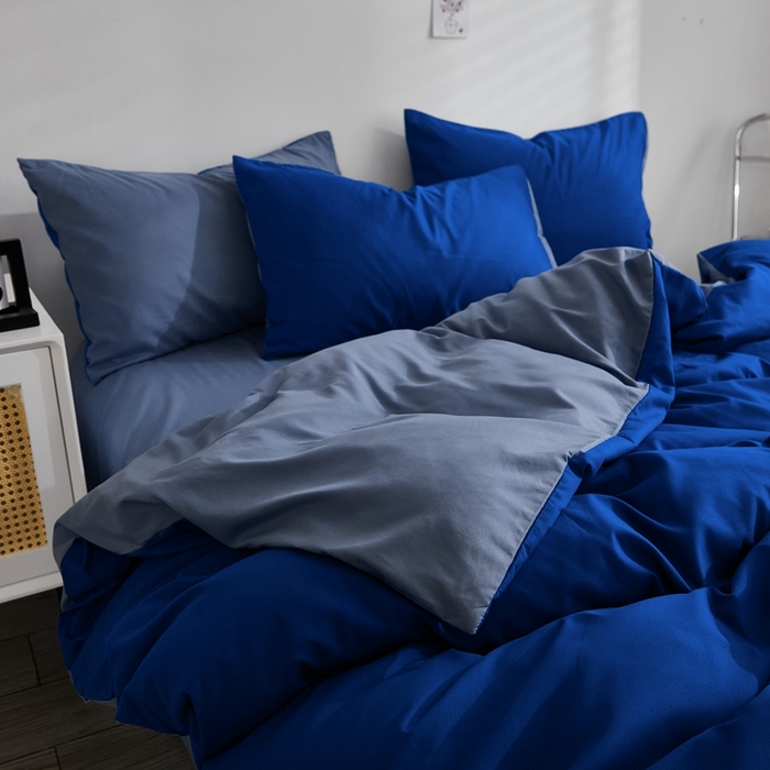 91家纺网 家纺一手货源 找家纺 啊雅家居 2025新款ins简约学生宿舍双拼纯色磨毛四件套可订制logo 克莱因蓝加浅蓝灰