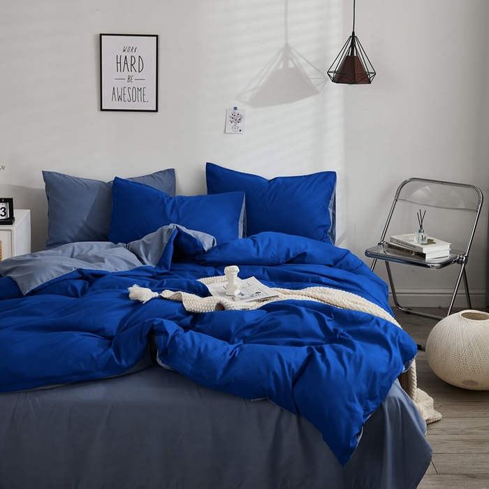 91家纺网 家纺一手货源 找家纺 啊雅家居 2025新款ins简约学生宿舍双拼纯色磨毛四件套可订制logo 克莱因蓝加浅蓝灰