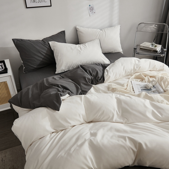 91家纺网 家纺一手货源 找家纺 啊雅家居 2025新款ins简约学生宿舍双拼纯色磨毛四件套可订制logo 米白加深灰