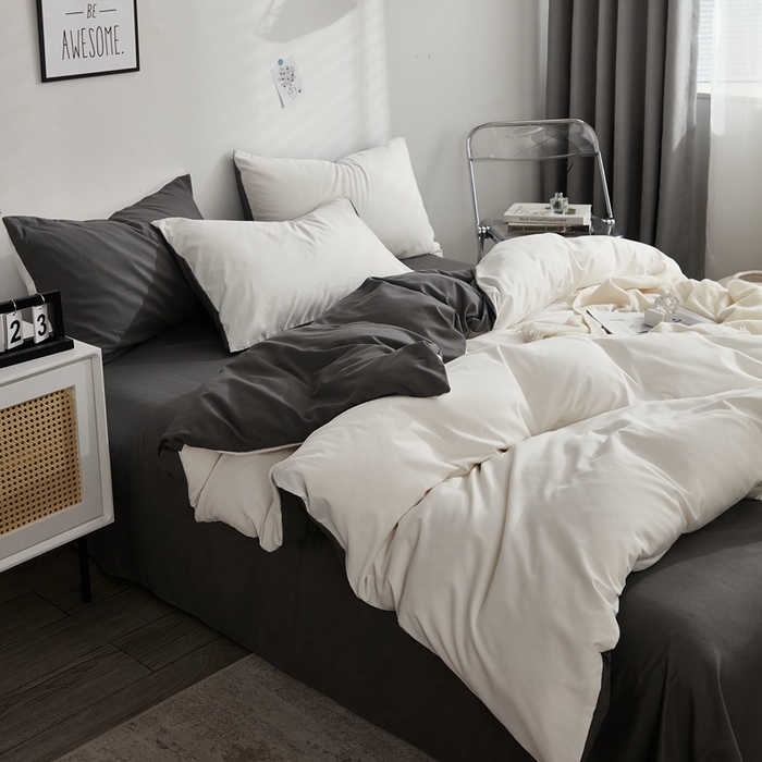 91家纺网 家纺一手货源 找家纺 啊雅家居 2025新款ins简约学生宿舍双拼纯色磨毛四件套可订制logo 米白加深灰