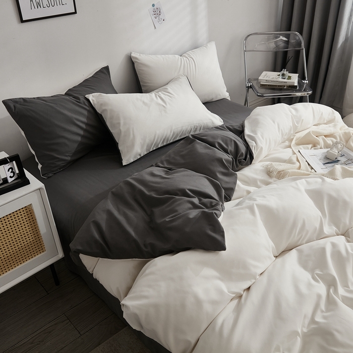 91家纺网 家纺一手货源 找家纺 啊雅家居 2025新款ins简约学生宿舍双拼纯色磨毛四件套可订制logo 米白加深灰