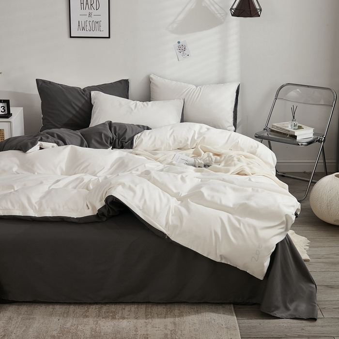 91家纺网 家纺一手货源 找家纺 啊雅家居 2025新款ins简约学生宿舍双拼纯色磨毛四件套可订制logo 米白加深灰