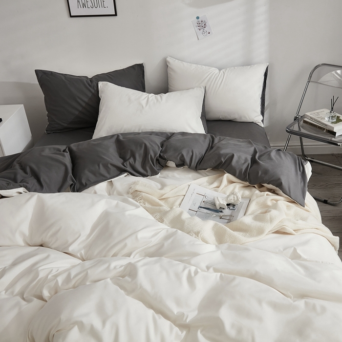 91家纺网 家纺一手货源 找家纺 啊雅家居 2025新款ins简约学生宿舍双拼纯色磨毛四件套可订制logo 米白加深灰