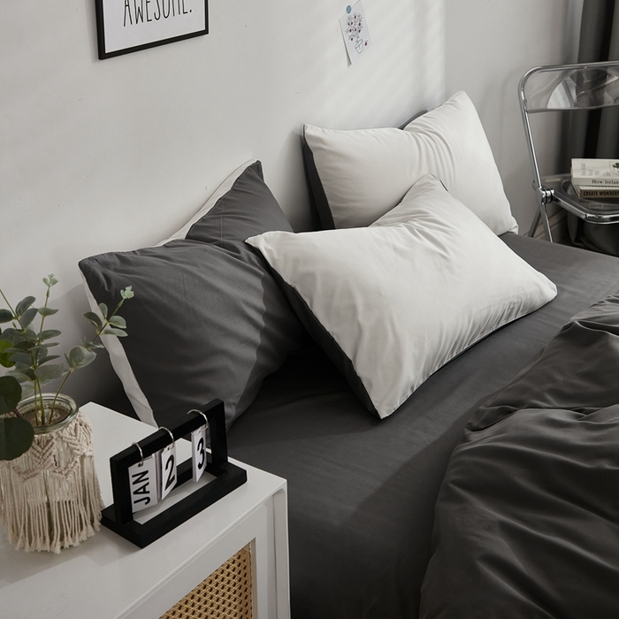 91家纺网 家纺一手货源 找家纺 啊雅家居 2025新款ins简约学生宿舍双拼纯色磨毛四件套可订制logo 米白加深灰