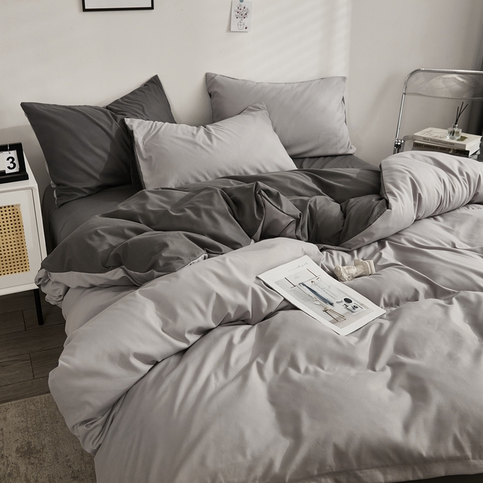 91家纺网 家纺一手货源 找家纺 啊雅家居 2025新款ins简约学生宿舍双拼纯色磨毛四件套可订制logo 浅灰加深灰