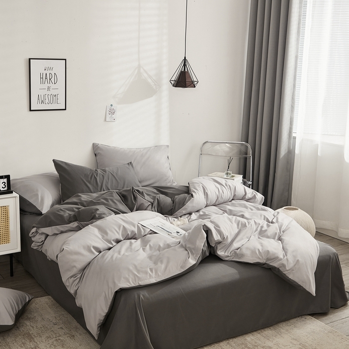 91家纺网 家纺一手货源 找家纺 啊雅家居 2025新款ins简约学生宿舍双拼纯色磨毛四件套可订制logo 浅灰加深灰