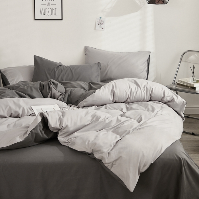 91家纺网 家纺一手货源 找家纺 啊雅家居 2025新款ins简约学生宿舍双拼纯色磨毛四件套可订制logo 浅灰加深灰