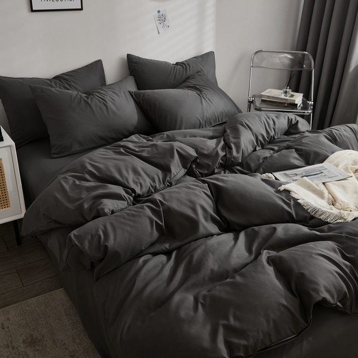 91家纺网 家纺一手货源 找家纺 啊雅家居 2025新款ins简约学生宿舍双拼纯色磨毛四件套可订制logo 深灰