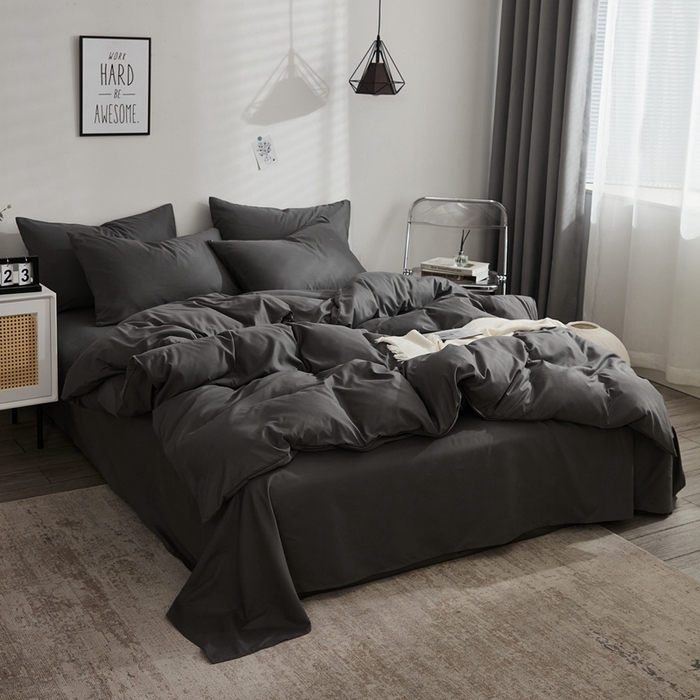 91家纺网 家纺一手货源 找家纺 啊雅家居 2025新款ins简约学生宿舍双拼纯色磨毛四件套可订制logo 深灰