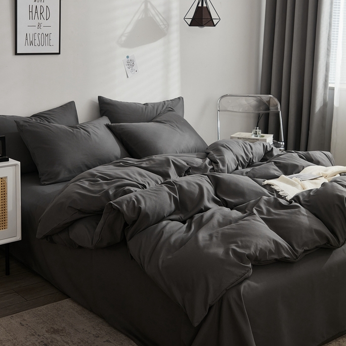 91家纺网 家纺一手货源 找家纺 啊雅家居 2025新款ins简约学生宿舍双拼纯色磨毛四件套可订制logo 深灰