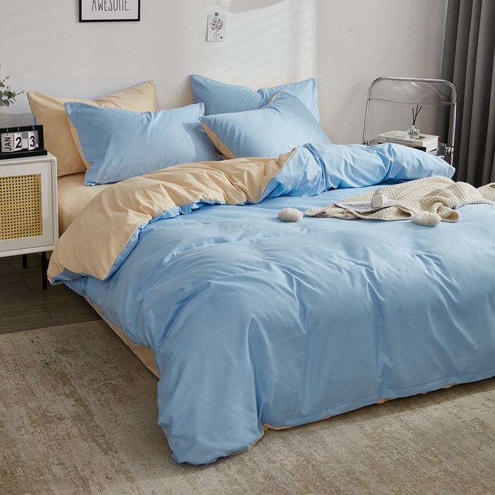 91家纺网 家纺一手货源 找家纺 啊雅家居 2025新款ins简约学生宿舍双拼纯色磨毛四件套可订制logo 天空兰加黄