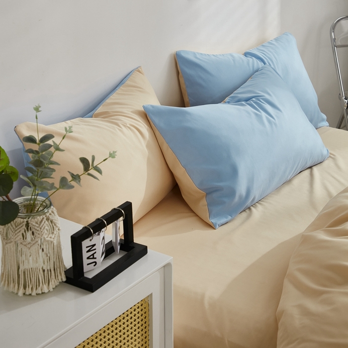 91家纺网 家纺一手货源 找家纺 啊雅家居 2025新款ins简约学生宿舍双拼纯色磨毛四件套可订制logo 天空兰加黄