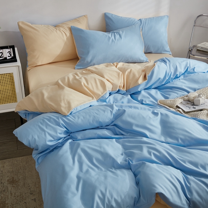 91家纺网 家纺一手货源 找家纺 啊雅家居 2025新款ins简约学生宿舍双拼纯色磨毛四件套可订制logo 天空兰加黄