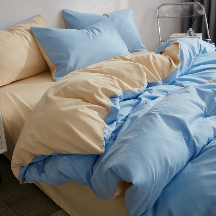 91家纺网 家纺一手货源 找家纺 啊雅家居 2025新款ins简约学生宿舍双拼纯色磨毛四件套可订制logo 天空兰加黄