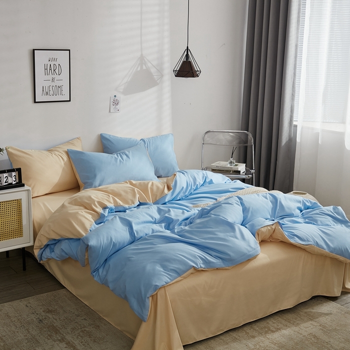 91家纺网 家纺一手货源 找家纺 啊雅家居 2025新款ins简约学生宿舍双拼纯色磨毛四件套可订制logo 天空兰加黄