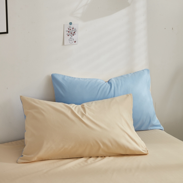 91家纺网 家纺一手货源 找家纺 啊雅家居 2025新款ins简约学生宿舍双拼纯色磨毛四件套可订制logo 天空兰加黄