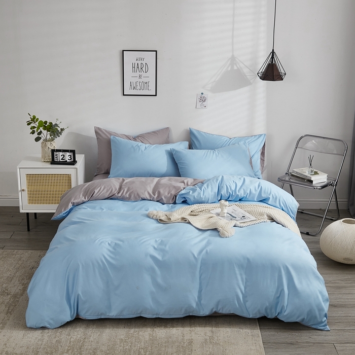 啊雅家居 2025新款ins简约学生宿舍双拼纯色磨毛四件套可订制logo 天空兰加浅灰