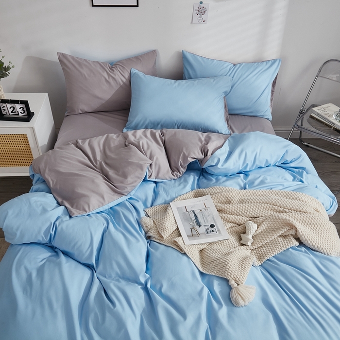 91家纺网 家纺一手货源 找家纺 啊雅家居 2025新款ins简约学生宿舍双拼纯色磨毛四件套可订制logo 天空兰加浅灰