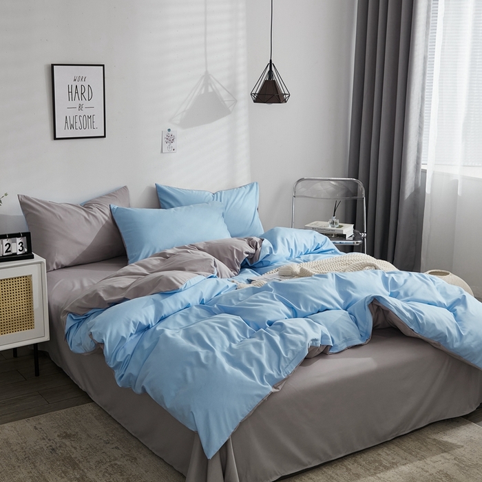 91家纺网 家纺一手货源 找家纺 啊雅家居 2025新款ins简约学生宿舍双拼纯色磨毛四件套可订制logo 天空兰加浅灰