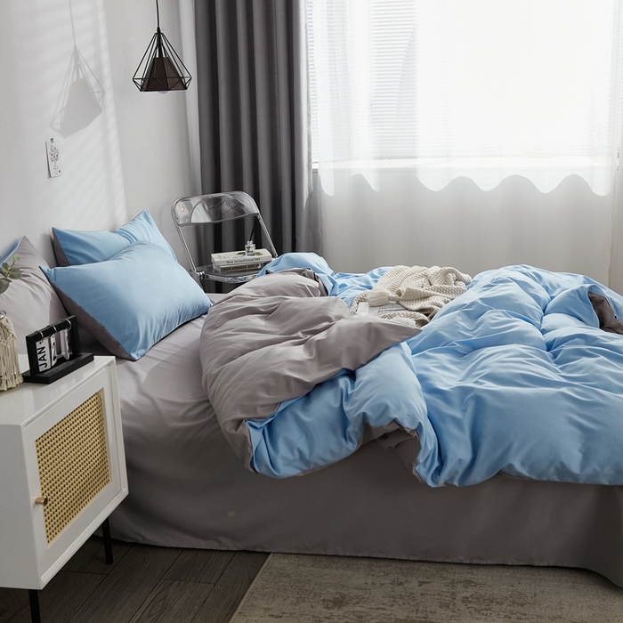 91家纺网 家纺一手货源 找家纺 啊雅家居 2025新款ins简约学生宿舍双拼纯色磨毛四件套可订制logo 天空兰加浅灰