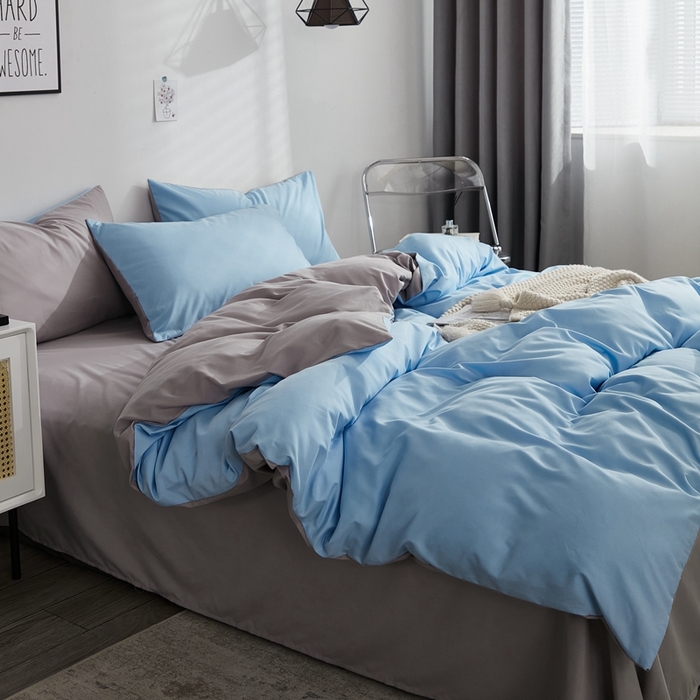 91家纺网 家纺一手货源 找家纺 啊雅家居 2025新款ins简约学生宿舍双拼纯色磨毛四件套可订制logo 天空兰加浅灰