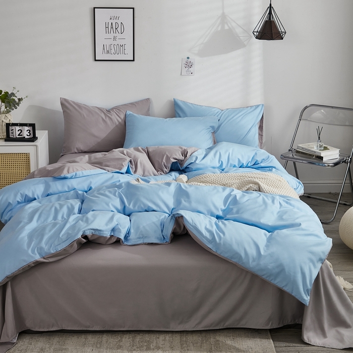 91家纺网 家纺一手货源 找家纺 啊雅家居 2025新款ins简约学生宿舍双拼纯色磨毛四件套可订制logo 天空兰加浅灰