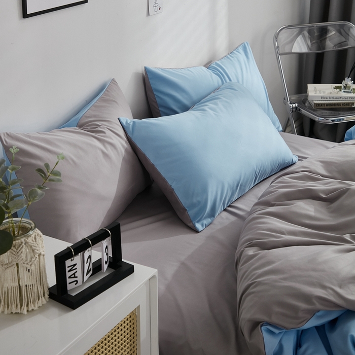 91家纺网 家纺一手货源 找家纺 啊雅家居 2025新款ins简约学生宿舍双拼纯色磨毛四件套可订制logo 天空兰加浅灰