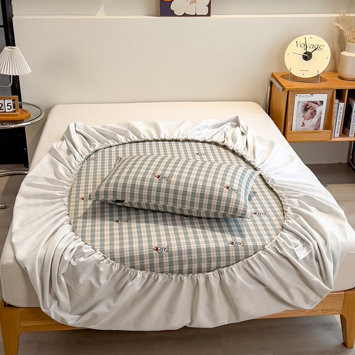 91家纺网 家纺一手货源 找家纺 芃成家纺 2026春夏新款全棉纯棉加厚老粗布单床笠床笠单件床笠三件套 小格波点狗