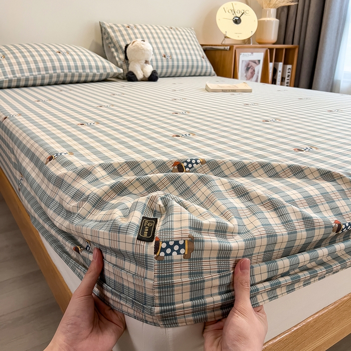 91家纺网 家纺一手货源 找家纺 芃成家纺 2026春夏新款全棉纯棉加厚老粗布单床笠床笠单件床笠三件套 小格波点狗