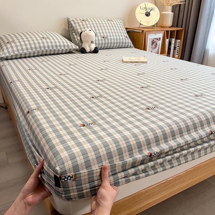 91家纺网 家纺一手货源 找家纺 芃成家纺 2026春夏新款全棉纯棉加厚老粗布单床笠床笠单件床笠三件套 小格波点狗