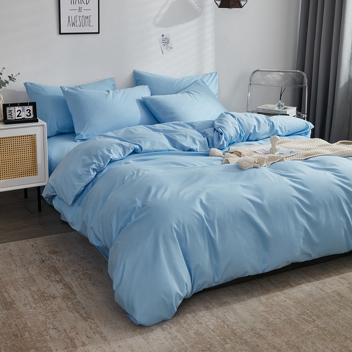 91家纺网 家纺一手货源 找家纺 啊雅家居 2025新款ins简约学生宿舍双拼纯色磨毛四件套可订制logo 天空兰