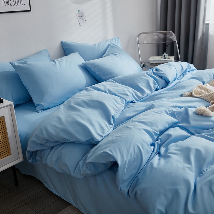 91家纺网 家纺一手货源 找家纺 啊雅家居 2025新款ins简约学生宿舍双拼纯色磨毛四件套可订制logo 天空兰