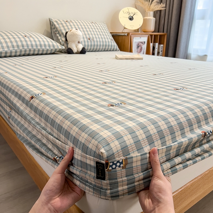 91家纺网 家纺一手货源 找家纺 芃成家纺 2026春夏新款全棉纯棉加厚老粗布单床笠床笠单件床笠三件套 小格波点狗