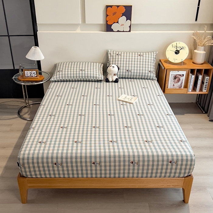 91家纺网 家纺一手货源 找家纺 芃成家纺 2026春夏新款全棉纯棉加厚老粗布单床笠床笠单件床笠三件套 小格波点狗