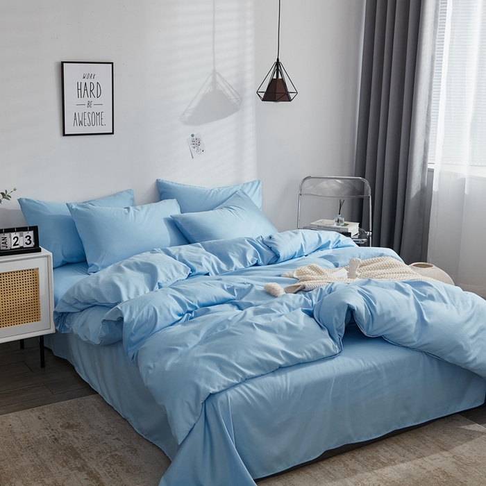 91家纺网 家纺一手货源 找家纺 啊雅家居 2025新款ins简约学生宿舍双拼纯色磨毛四件套可订制logo 天空兰