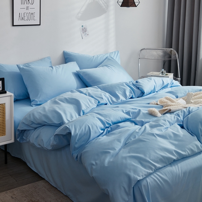 91家纺网 家纺一手货源 找家纺 啊雅家居 2025新款ins简约学生宿舍双拼纯色磨毛四件套可订制logo 天空兰