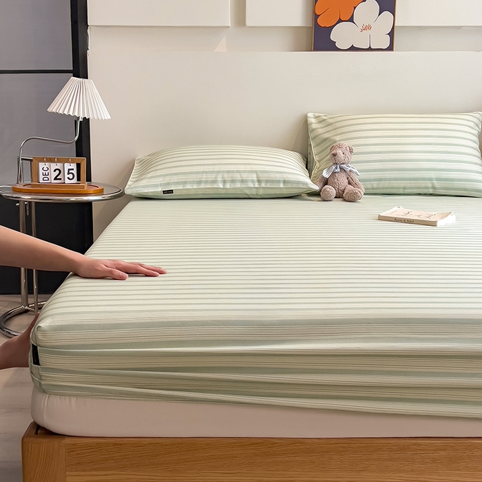 91家纺网 家纺一手货源 找家纺 芃成家纺 2026春夏新款全棉纯棉加厚老粗布单床笠床笠单件床笠三件套 星条纹-绿