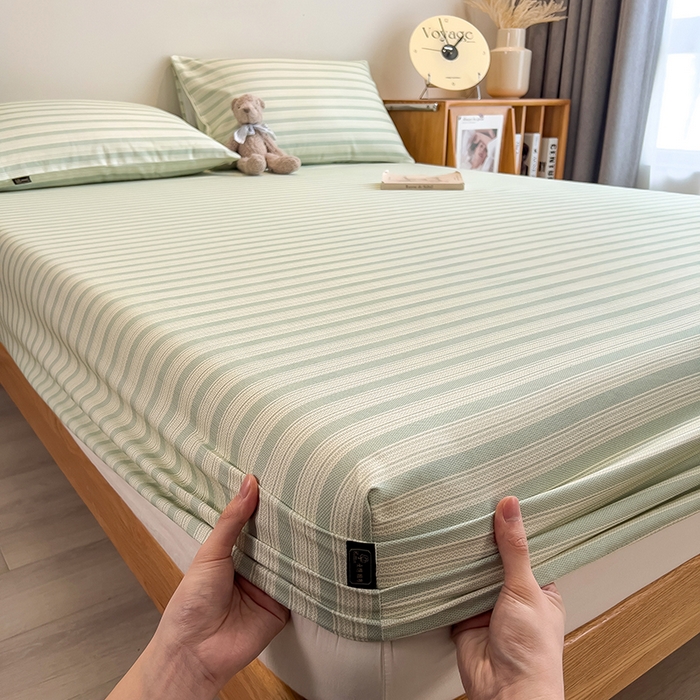 91家纺网 家纺一手货源 找家纺 芃成家纺 2026春夏新款全棉纯棉加厚老粗布单床笠床笠单件床笠三件套 星条纹-绿