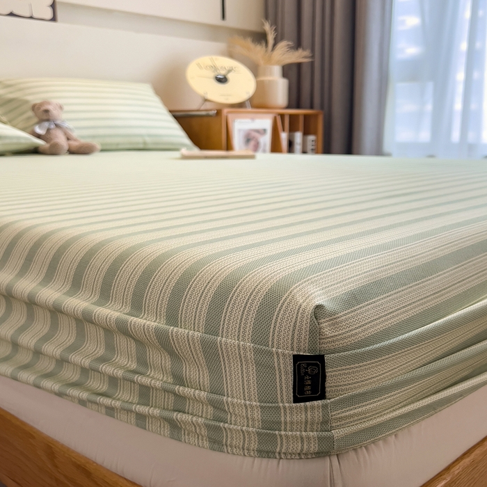 91家纺网 家纺一手货源 找家纺 芃成家纺 2026春夏新款全棉纯棉加厚老粗布单床笠床笠单件床笠三件套 星条纹-绿