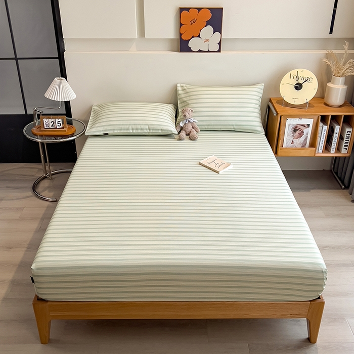 91家纺网 家纺一手货源 找家纺 芃成家纺 2026春夏新款全棉纯棉加厚老粗布单床笠床笠单件床笠三件套 星条纹-绿