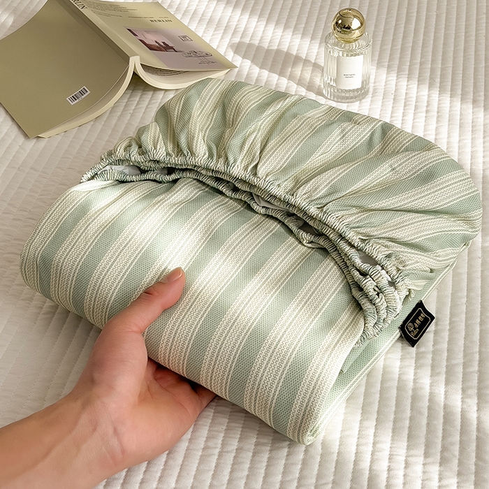 91家纺网 家纺一手货源 找家纺 芃成家纺 2026春夏新款全棉纯棉加厚老粗布单床笠床笠单件床笠三件套 星条纹-绿