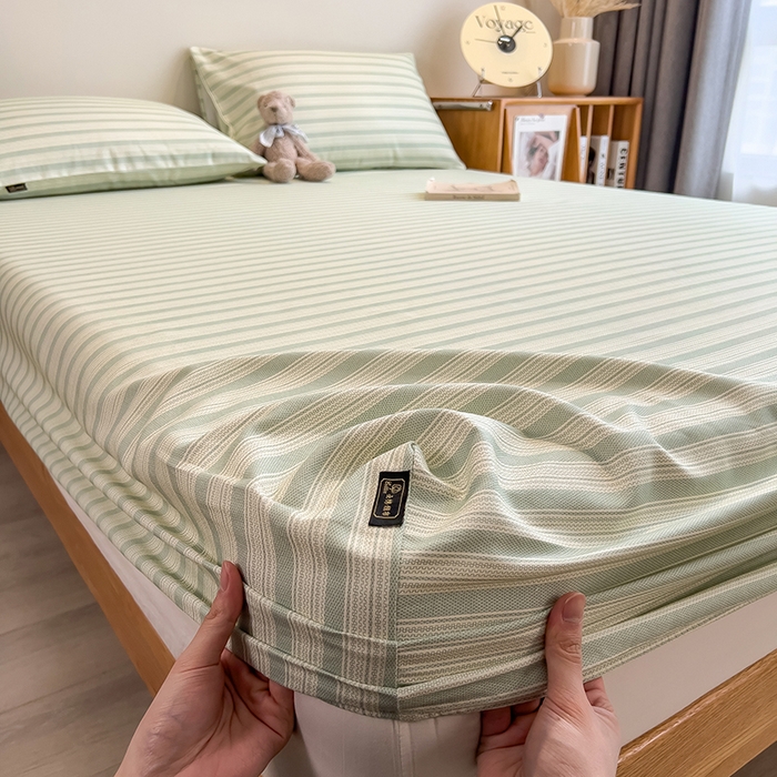 91家纺网 家纺一手货源 找家纺 芃成家纺 2026春夏新款全棉纯棉加厚老粗布单床笠床笠单件床笠三件套 星条纹-绿