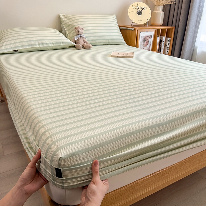 91家纺网 家纺一手货源 找家纺 芃成家纺 2026春夏新款全棉纯棉加厚老粗布单床笠床笠单件床笠三件套 星条纹-绿