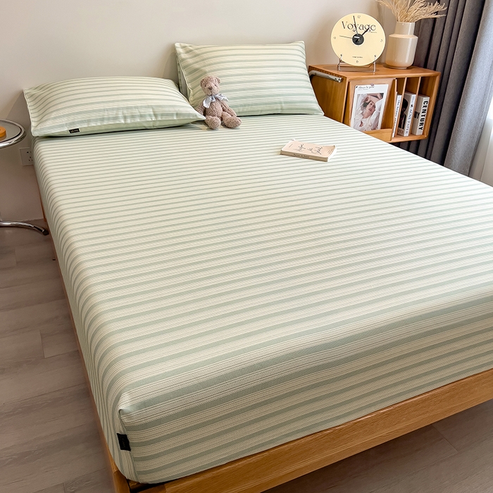 91家纺网 家纺一手货源 找家纺 芃成家纺 2026春夏新款全棉纯棉加厚老粗布单床笠床笠单件床笠三件套 星条纹-绿